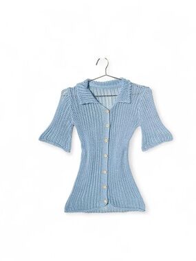 Vintage 70s 80s Baby Blue Open Knit Beach Cover Up Button Front Top - XS/S